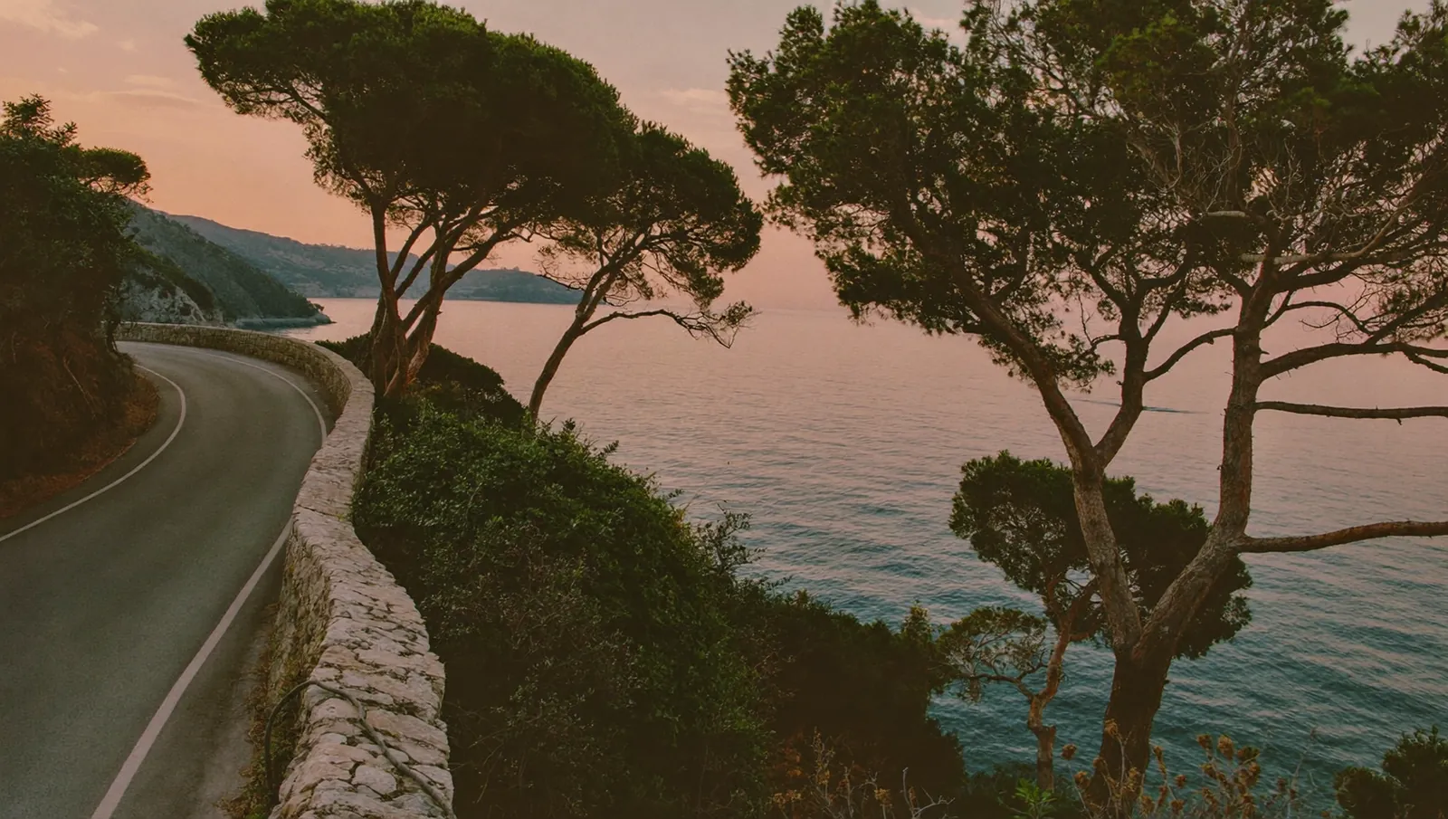 La corniche niçoise à l’aube, mer et pins