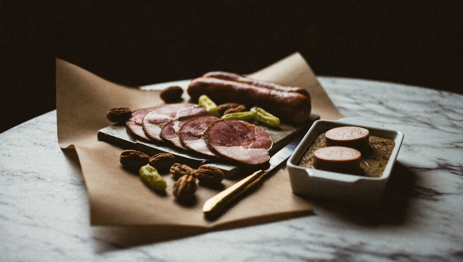 Planche de charcuterie et terrines sur papier kraft