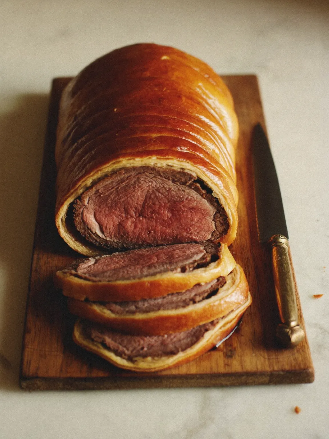 Rôti de bœuf en croûte, tranché